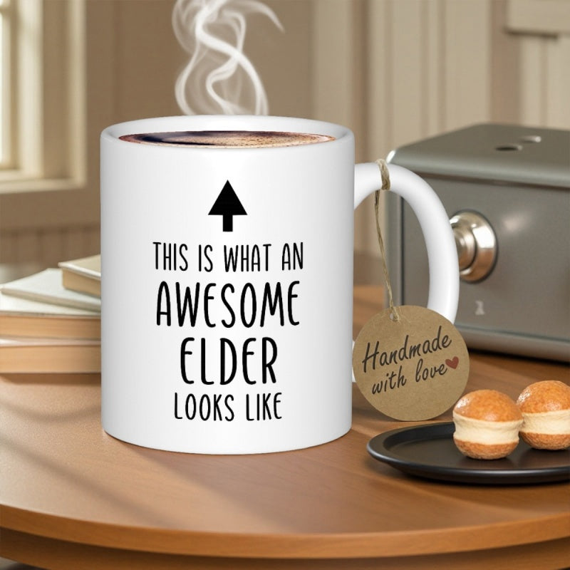 Tailorly White Ceramic 11 oz Mug - This Is What An Awesome Elder Looks Like Simple Black Text With Upward Arrow Printed On A Clean