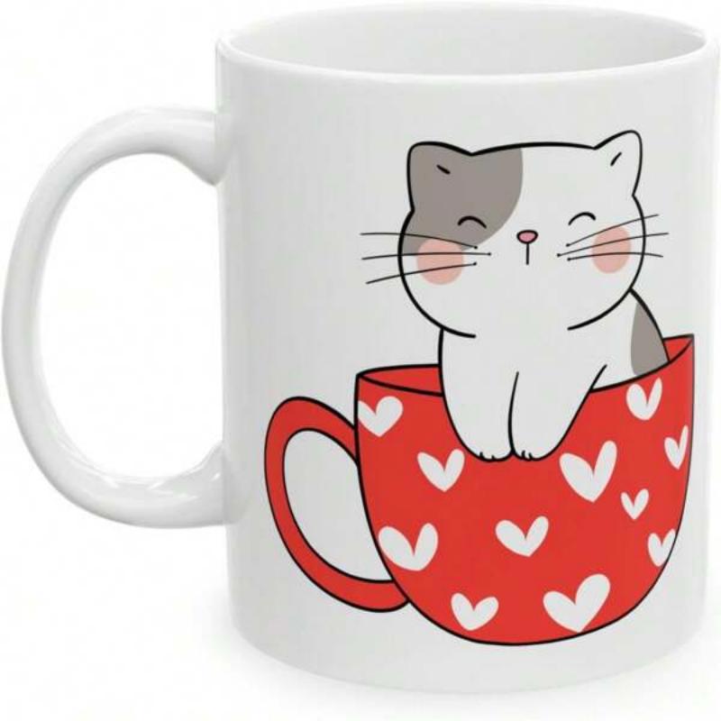 Tailorly White Ceramic 11 oz Mug - Cute Grey And White Cartoon Kitten Nestled Inside Red Heart Patterned Cup Kitten