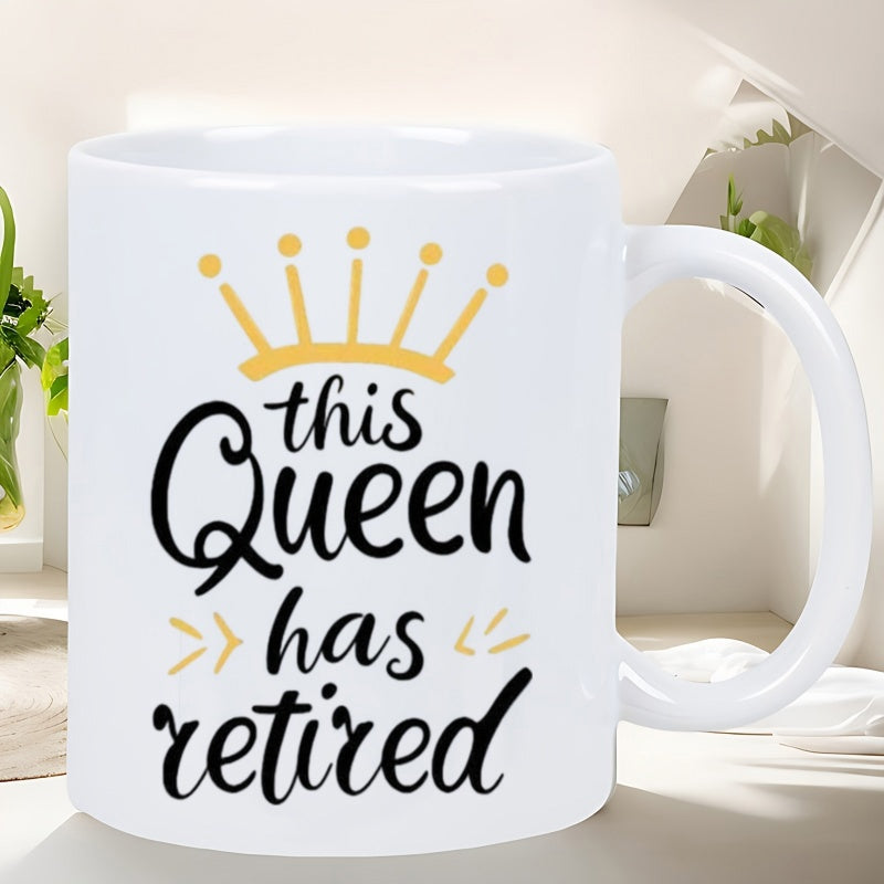 Tailorly White Ceramic 11 oz Mug - This Queen Has Retired Simple Yellow Crown Outline Atop Elegant Script Text On Pure White Surface Mug