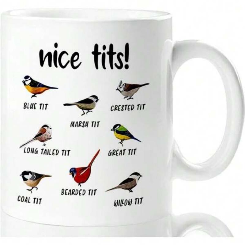 Tailorly White Ceramic 11 oz Mug - Nice Tits Collection Of Different Small Garden Bird Species Resting Birds