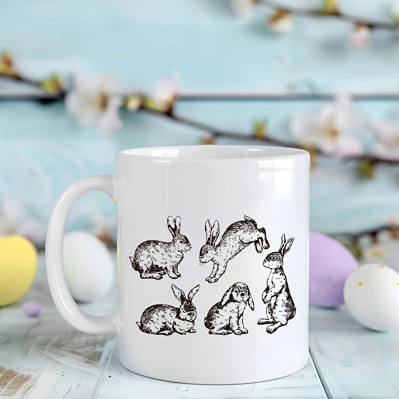 Tailorly White Ceramic 11 oz Mug - Hand Drawn Vintage Style Sketches Featuring Multiple Bunnies In Various Playful Poses Rabbit