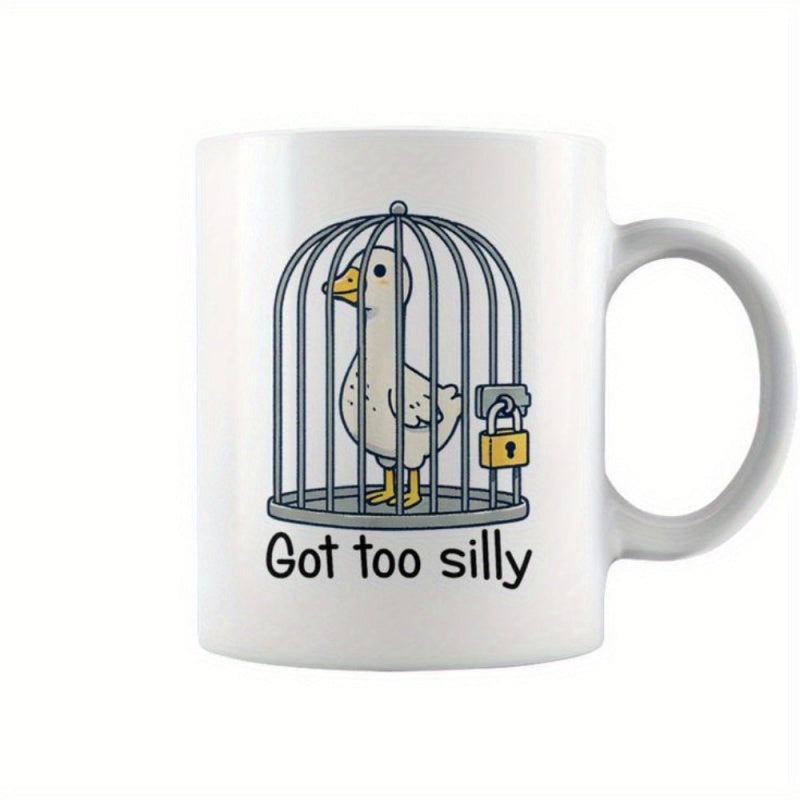 Tailorly White Ceramic 11 oz Mug - Got Too Silly Cartoon Goose Trapped Inside A Locked Metal Birdcage Waiting For Freedom Goose