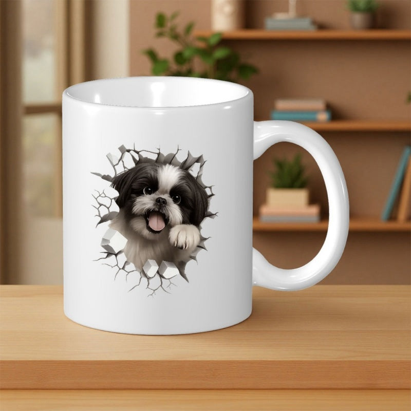 Tailorly White Ceramic 11 oz Mug - Adorable Black And White Breed Peeking Through Realistic Cracked Puppy