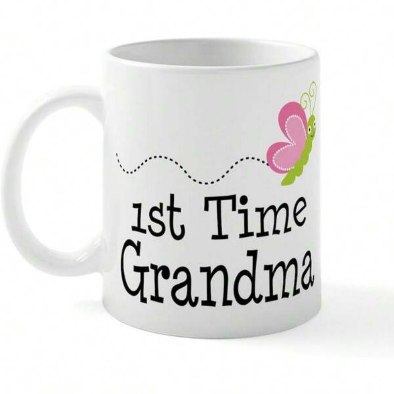 Tailorly White Ceramic 11 oz Mug - 1st Time Grandma Pink Butterfly Flying Along Dotted Path Over Lettering Butterfly