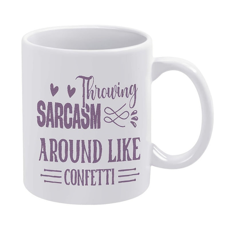 Tailorly White Ceramic 11 oz Mug - Throwing Sarcasm Around Like Confetti Minimalist White Ceramic Vessel With Decorative Hearts Swirls And Linear Accents Mug