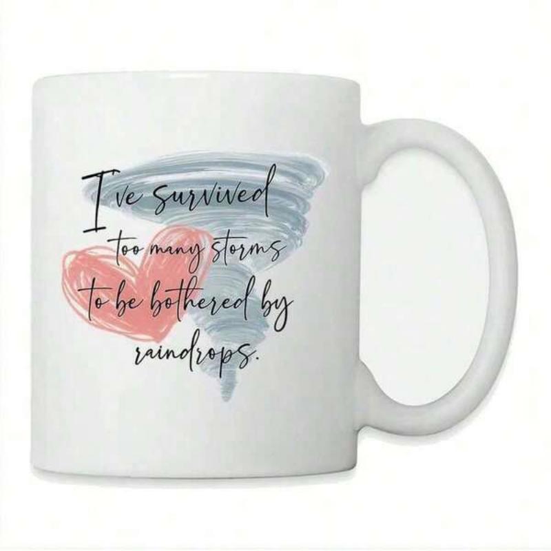 Tailorly White Ceramic 11 oz Mug - I've Survived Too Many Storms To Be Bothered By Raindrops Watercolor Artistic Style Pink Heart Among Blue Swirling Abstract