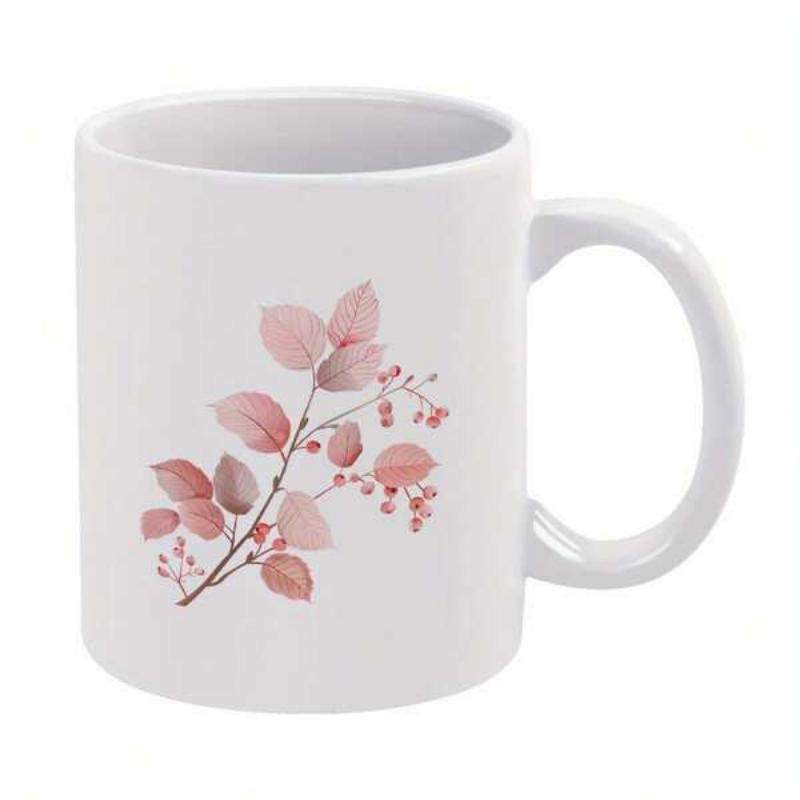 Tailorly White Ceramic 11 oz Mug - Elegant Watercolor Pink Leaves Flowing From A Delicate Botanical Twig Branch