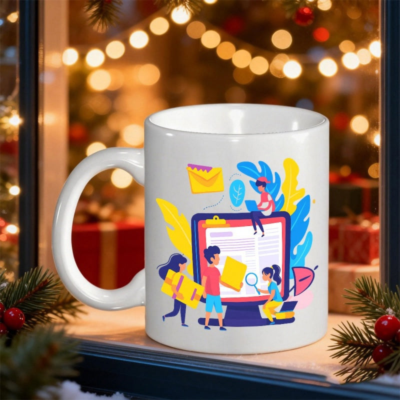 Tailorly White Ceramic 11 oz Mug - Vibrant Modern People Collaborating With Digital Envelopes And Foliage Around A Desktop Computer