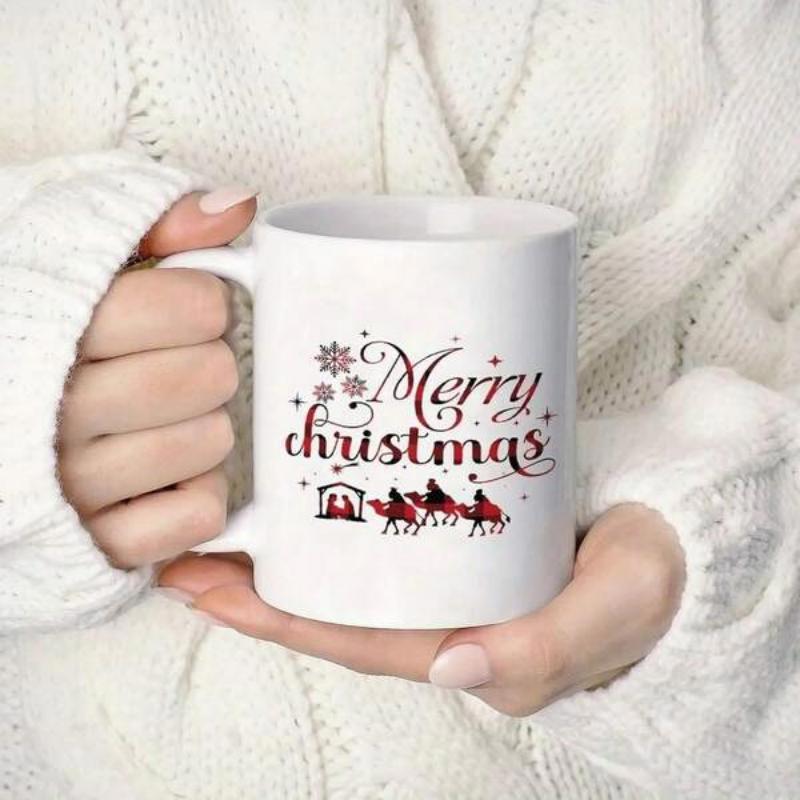 Tailorly White Ceramic 11 oz Mug - Merry Christmas Graceful Snowflakes Falling Over Three Camels Traveling To Nativity