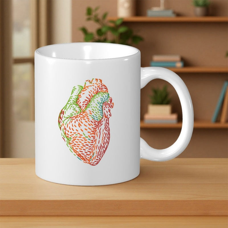 Tailorly White Ceramic 11 oz Mug - Artistic Medical Illustration With Vibrant Multi Colored Dashes Forming A Realistic Anatomical Heart