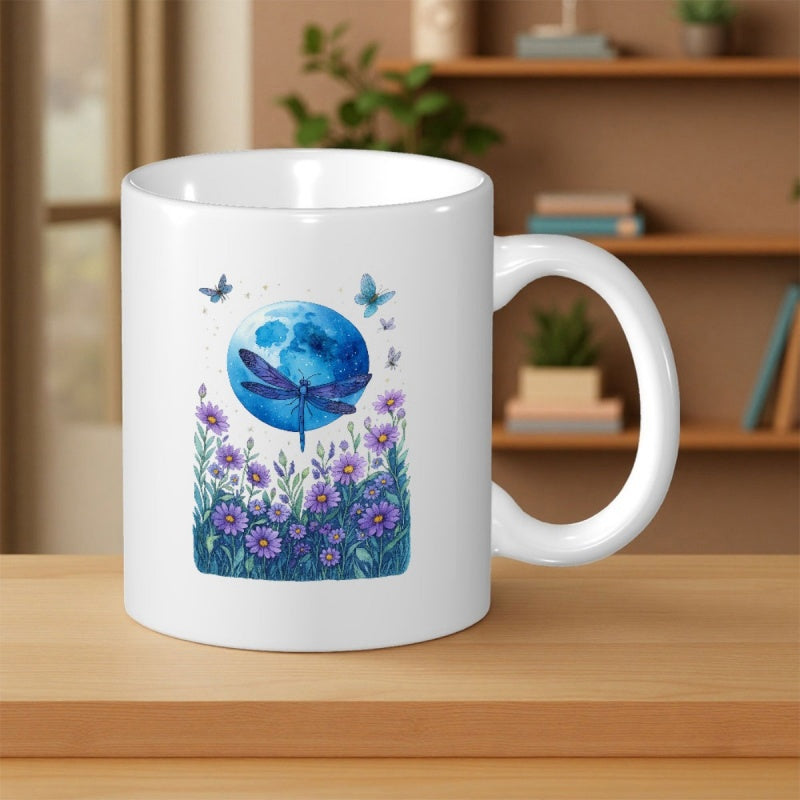 Tailorly White Ceramic 11 oz Mug - Ethereal Blue Moon Rising Above Purple Flowers With Small Butterflies Dragonfly