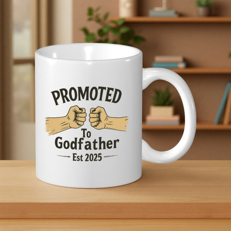 Tailorly White Ceramic 11 oz Mug - Promoted To Godfather Est 2025 Two Masculine Hands Bumping Fists In A Celebrating Solidarity Gesture Fist