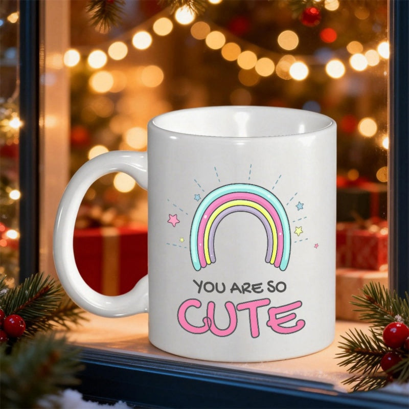 Tailorly White Ceramic 11 oz Mug - You Are So Cute Pastel Colored Rainbow With Twinkling Stars And Decorative Accents Rainbow