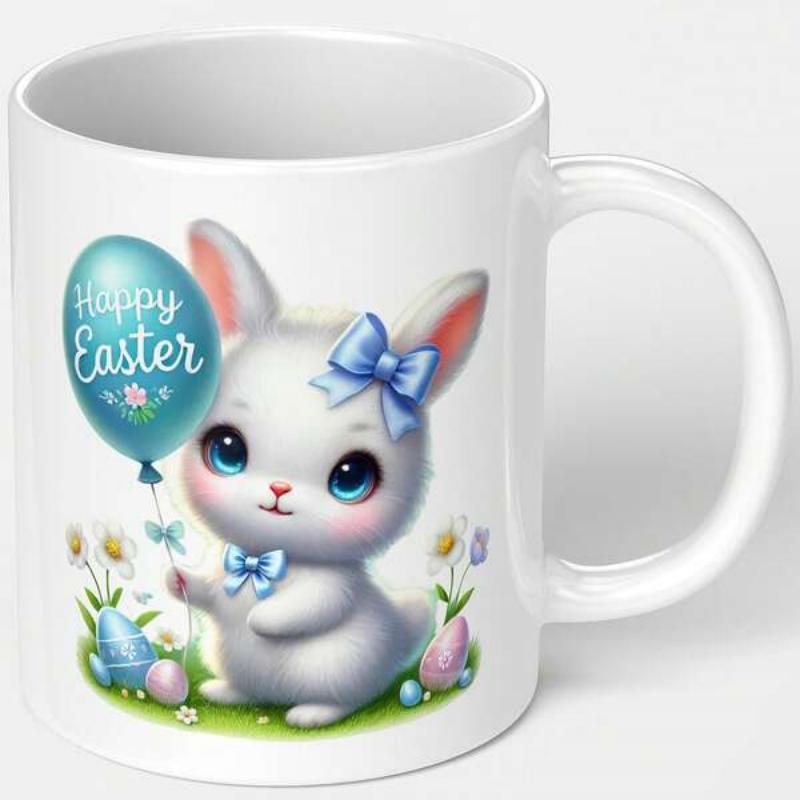 Tailorly White Ceramic 11 oz Mug - Happy Easter Cute White Rabbit Holding Balloon Among Spring Flowers Bunny