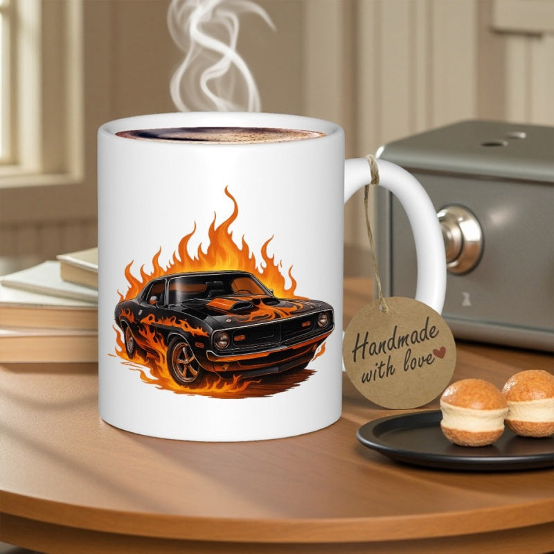 Tailorly White Ceramic 11 oz Mug - Handmade With Love Powerful Vintage Black Muscle Car Engulfed In Intense Roaring Orange Burning Flames Car