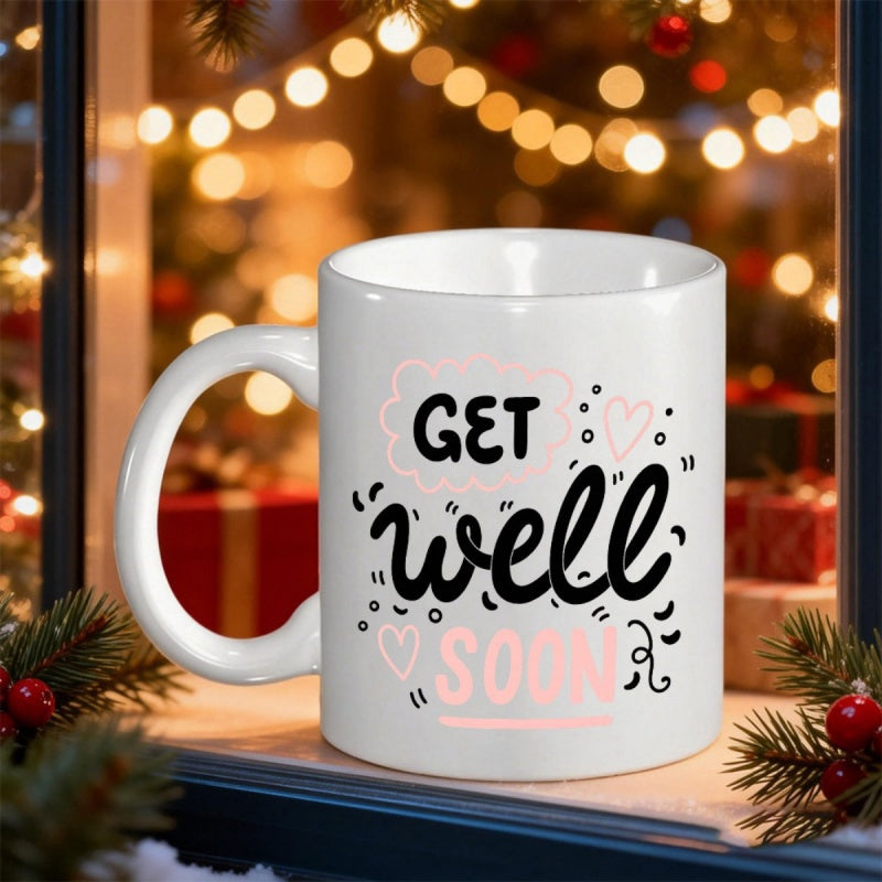 Tailorly White Ceramic 11 oz Mug - Get Well Soon Heart Shapes And Decorative Squiggles Surrounding Uplifting Message Of Encouragement Mug