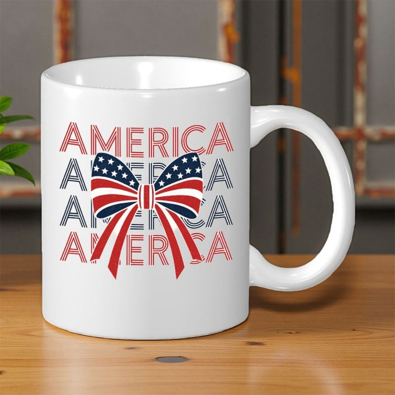 Tailorly White Ceramic 11 oz Mug - America Patriotic Stars And Stripes Pattern With Repeating Text Background Decorative Bow