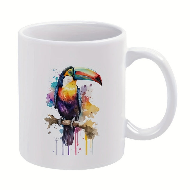 Tailorly White Ceramic 11 oz Mug - Vibrant Watercolor Tropical Bird Perched On A Branch With Paint Splashes Toucan