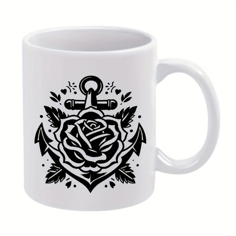 Tailorly White Ceramic 11 oz Mug - Intricate Black Ink Tattoo Style Artistic Floral Rose Over Strong Nautical Anchor