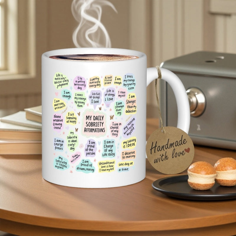 Tailorly White Ceramic 11 oz Mug - My Daily Sobriety Affirmations Colorful Pastel Speech Bubbles With Positive Quotes And Inspiring Affirmations