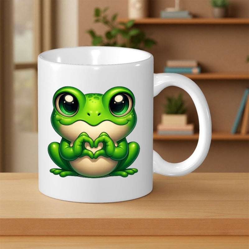 Tailorly White Ceramic 11 oz Mug - Cute Green Frog Making Heart Symbol With Tiny Webbed Hands Frog