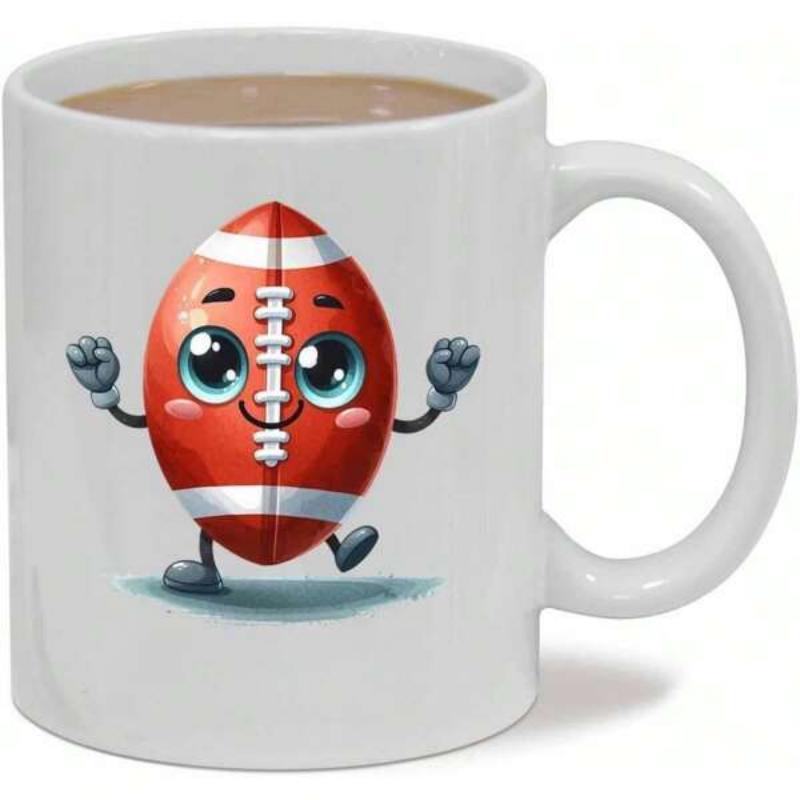 Tailorly White Ceramic 11 oz Mug - Adorable Character Styled Sports Ball With Friendly Face And Small Hands Football