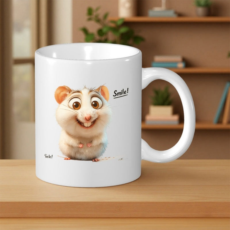 Tailorly White Ceramic 11 oz Mug - Smile Charming Tiny Fluffy Creature With Large Expressive Eyes And Happy Grin Hamster