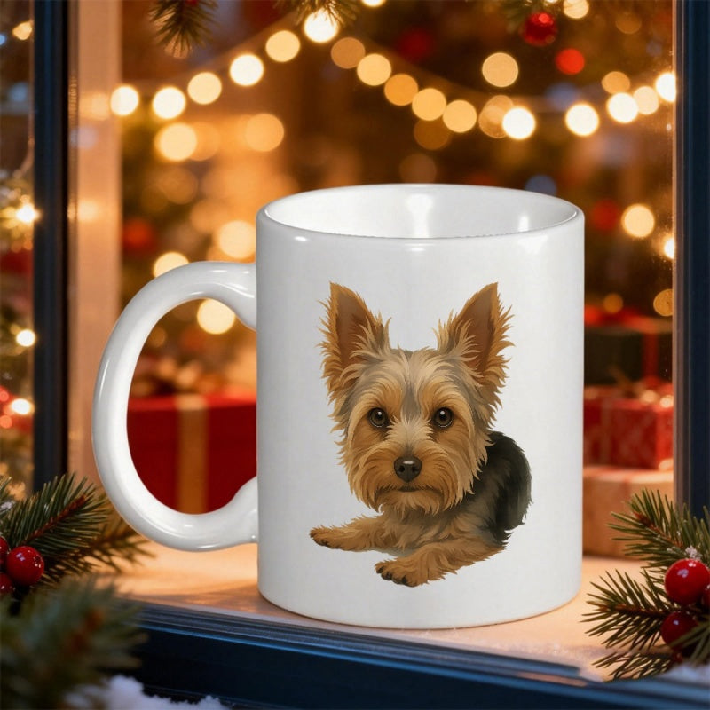 Tailorly White Ceramic 11 oz Mug - Adorable Realistic Small Yorkshire Terrier Puppy Sitting Calmly With Gentle Eyes Dog