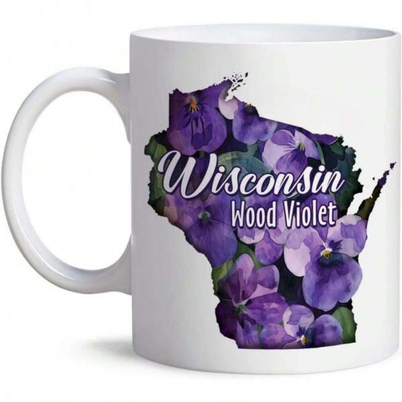 Tailorly White Ceramic 11 oz Mug - Wisconsin Wood Violet Purple Floral Pattern Within A Silhouette State Map Violet