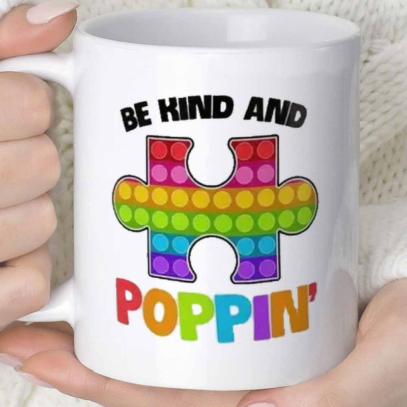 Tailorly White Ceramic 11 oz Mug - Be Kind And Poppin Colorful Rainbow Fidget Toy Texture Shaped Like A Puzzle Piece