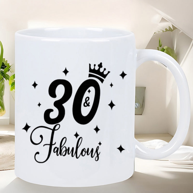 Tailorly White Ceramic 11 oz Mug - 30 Fabulous Sparkling Decorative Stars Surrounding Elegant Royal Birthday Theme With Black Minimalist Crown
