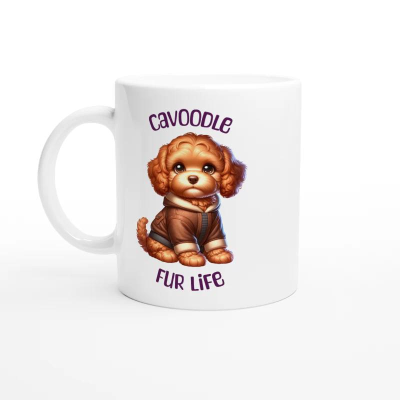 Tailorly White Ceramic 11 oz Mug - Cavoodle Fur Life Adorable Small Brown Cavoodle Wearing Cozy Winter Jacket Sitting Calmly Dog