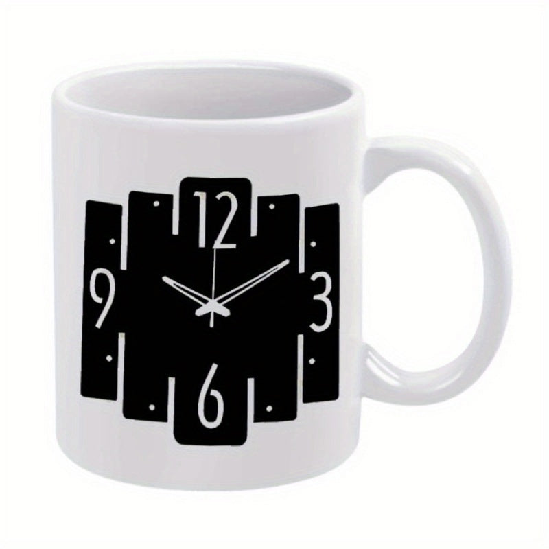 Tailorly White Ceramic 11 oz Mug - Modern Geometric Design Featuring Black Rectangular Blocks And Stylized Numeric Dial Clock