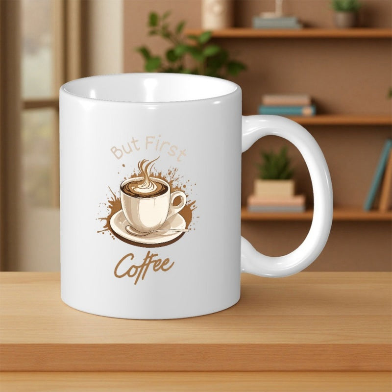 Tailorly White Ceramic 11 oz Mug - But First Coffee Steaming Cup Of Hot Espresso Surrounded By Decorative Artistic Brown Splashes Coffee