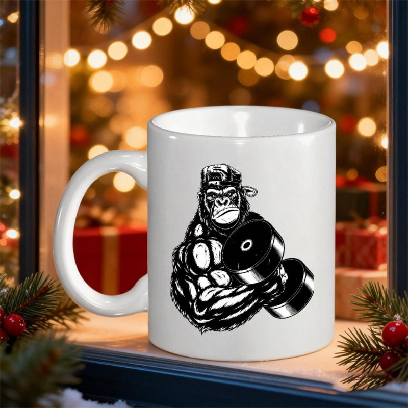 Tailorly White Ceramic 11 oz Mug - Powerful Muscular Ape Wearing Baseball Cap Lifting Heavy Iron Weight Gorilla