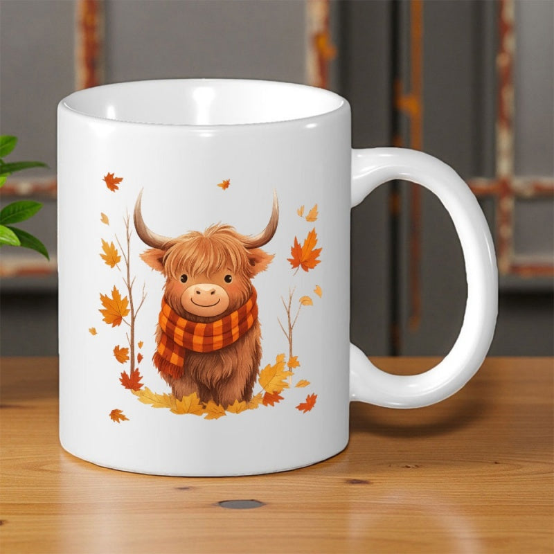 Tailorly White Ceramic 11 oz Mug - Adorable Cartoon Highland Cow Wearing Plaid Scarf Among Falling Autumn Leaves Cow