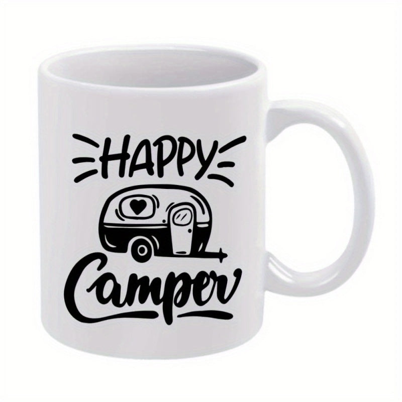 Tailorly White Ceramic 11 oz Mug - Happy Camper Minimalist Black Ink Style Vintage Caravan With Heart Window Trailer