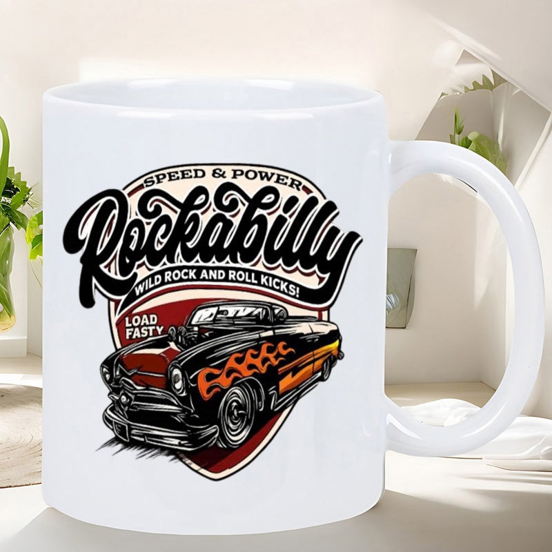 Tailorly White Ceramic 11 oz Mug - Speed Power Rockabilly Wild Rock And Roll Kicks Loud Fast Classic Vintage Hot Rod Decorated With Vibrant Orange Flames Inside