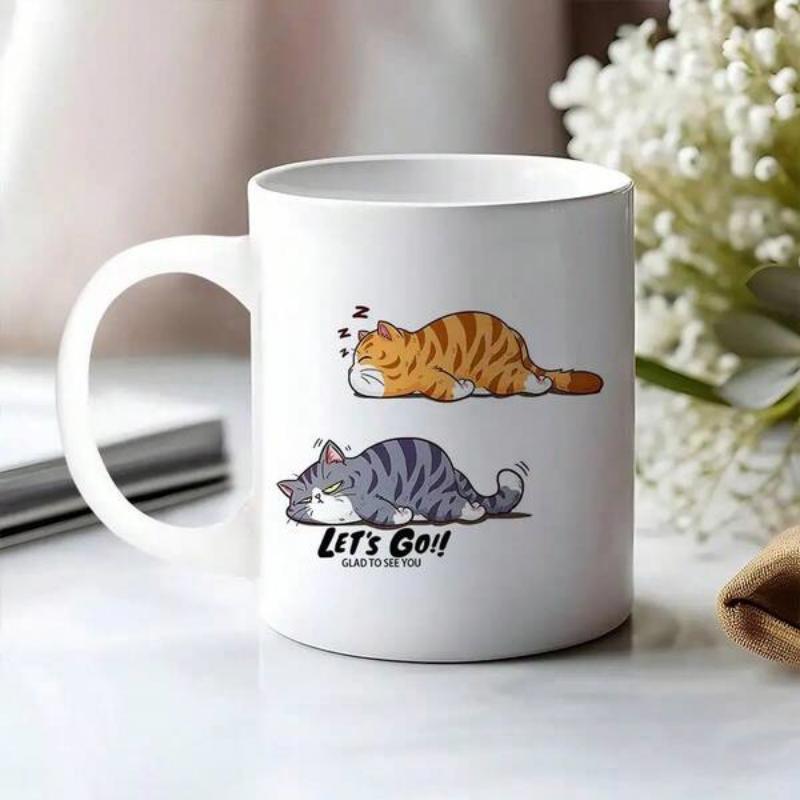 Tailorly White Ceramic 11 oz Mug - Let's Go Two Adorable Chubby Cats Sleeping Comfortably In A Row Cat