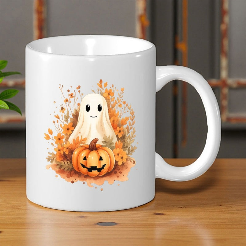 Tailorly White Ceramic 11 oz Mug - Adorable Smiling Spooky Figure Surrounded By Autumn Flowers Behind Carved Pumpkin Ghost