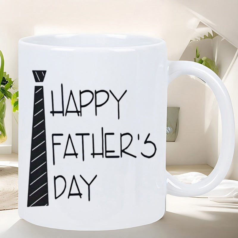 Tailorly White Ceramic 11 oz Mug - Happy Fathers Day Minimalist Striped Black Necktie Print On White Ceramic Background Tie
