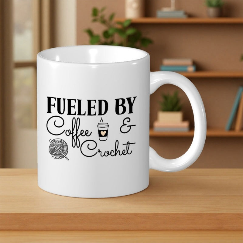 Tailorly White Ceramic 11 oz Mug - Fueled By Coffee Crochet Artistic Script Lettering Paired With Cozy Yarn Ball And Steaming Cup Mug