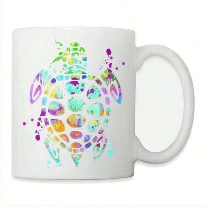 Tailorly White Ceramic 11 oz Mug - Vibrant Colorful Watercolor Splash Style Swimming Gracefully Sea Turtle