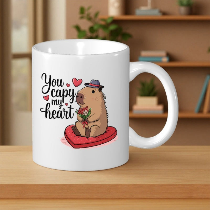 Tailorly White Ceramic 11 oz Mug - You Capy My Heart Adorable Illustrated Animal Wearing A Hat Holding A Floral Bouquet Capybara