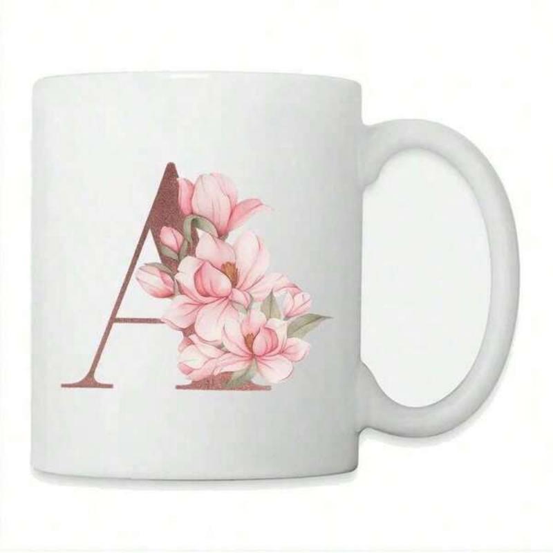 Tailorly White Ceramic 11 oz Mug - A Elegant Pink Peonies Blooming Around A Classic Serif Letter Monogram