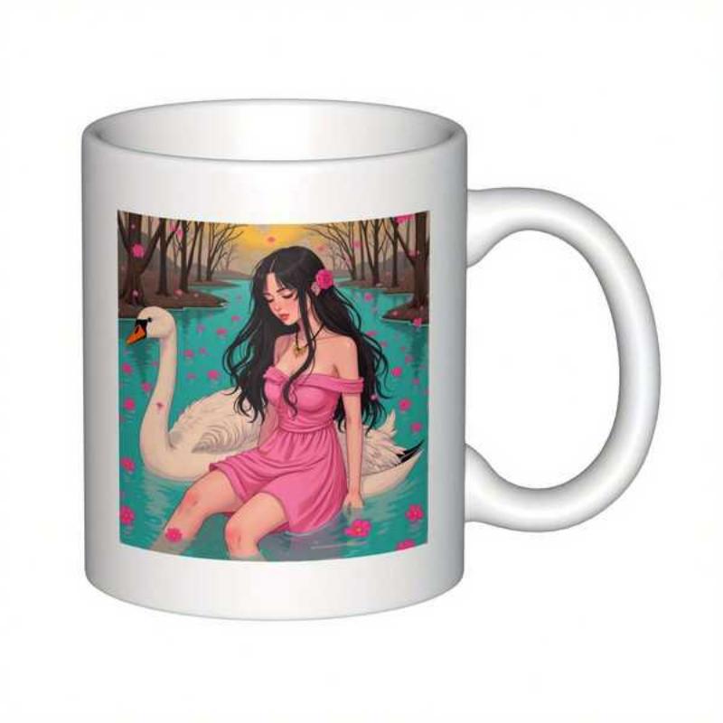 Tailorly White Ceramic 11 oz Mug - Serene Young Woman Wearing Pink Dress Floating On Enchanted Lake Beside Graceful Swan