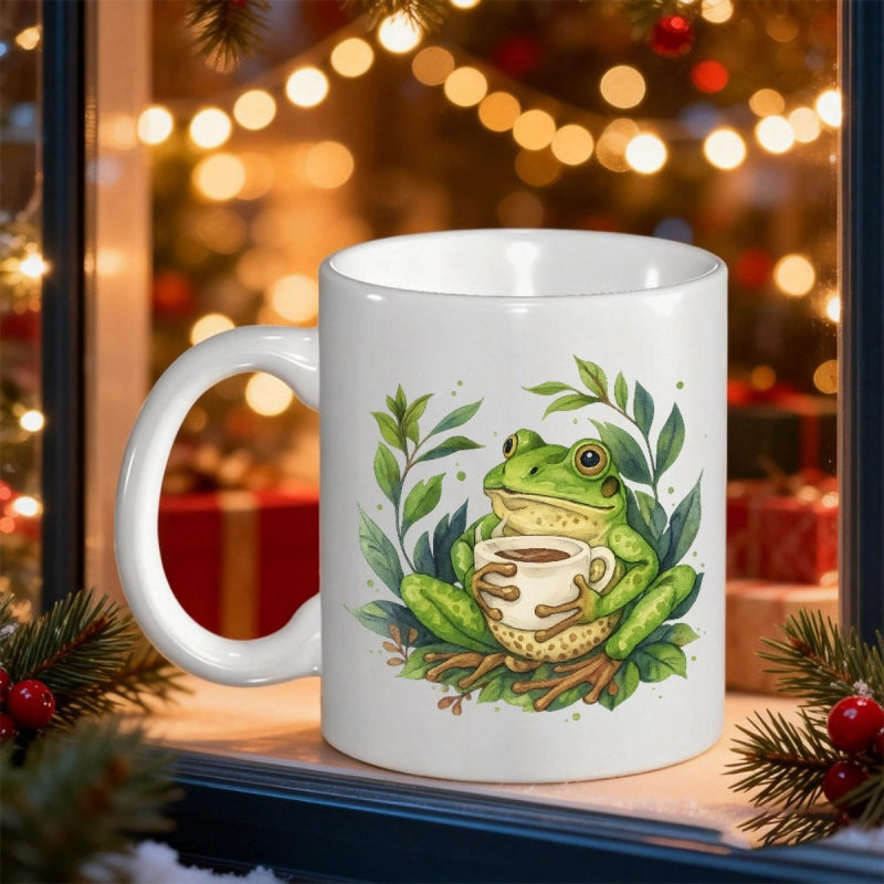 Tailorly White Ceramic 11 oz Mug - Cute Green Frog Holding Warm Coffee Mug Surrounded By Lush Leaves Frog