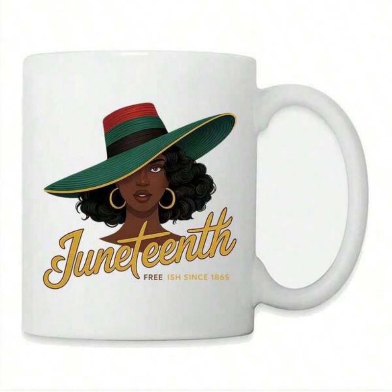 Tailorly White Ceramic 11 oz Mug - Juneteenth Free Ish Since 1865 Stylish Black Woman Wearing Colorful Pan African Hat And Elegant Golden Hoops Woman