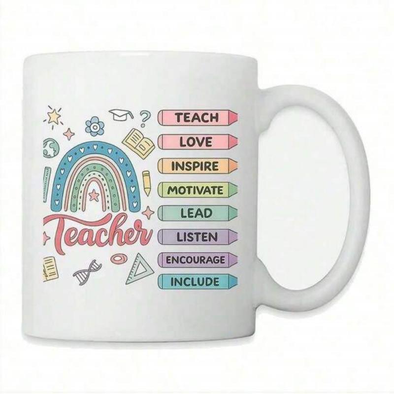 Tailorly White Ceramic 11 oz Mug - Teacher Teach Love Inspire Motivate Lead Listen Encourage Include Colorful Boho Style Hand Drawn Illustration With Educational
