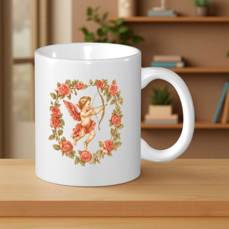 Tailorly White Ceramic 11 oz Mug - Elegant Classical Angel Holding Bow And Arrow Among Blooming Red Rose Flowers Cupid